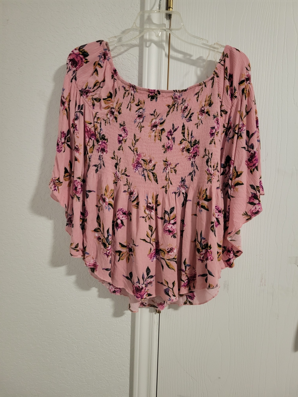 No Boundaries Pink Floral Smocked Peasant Blouse